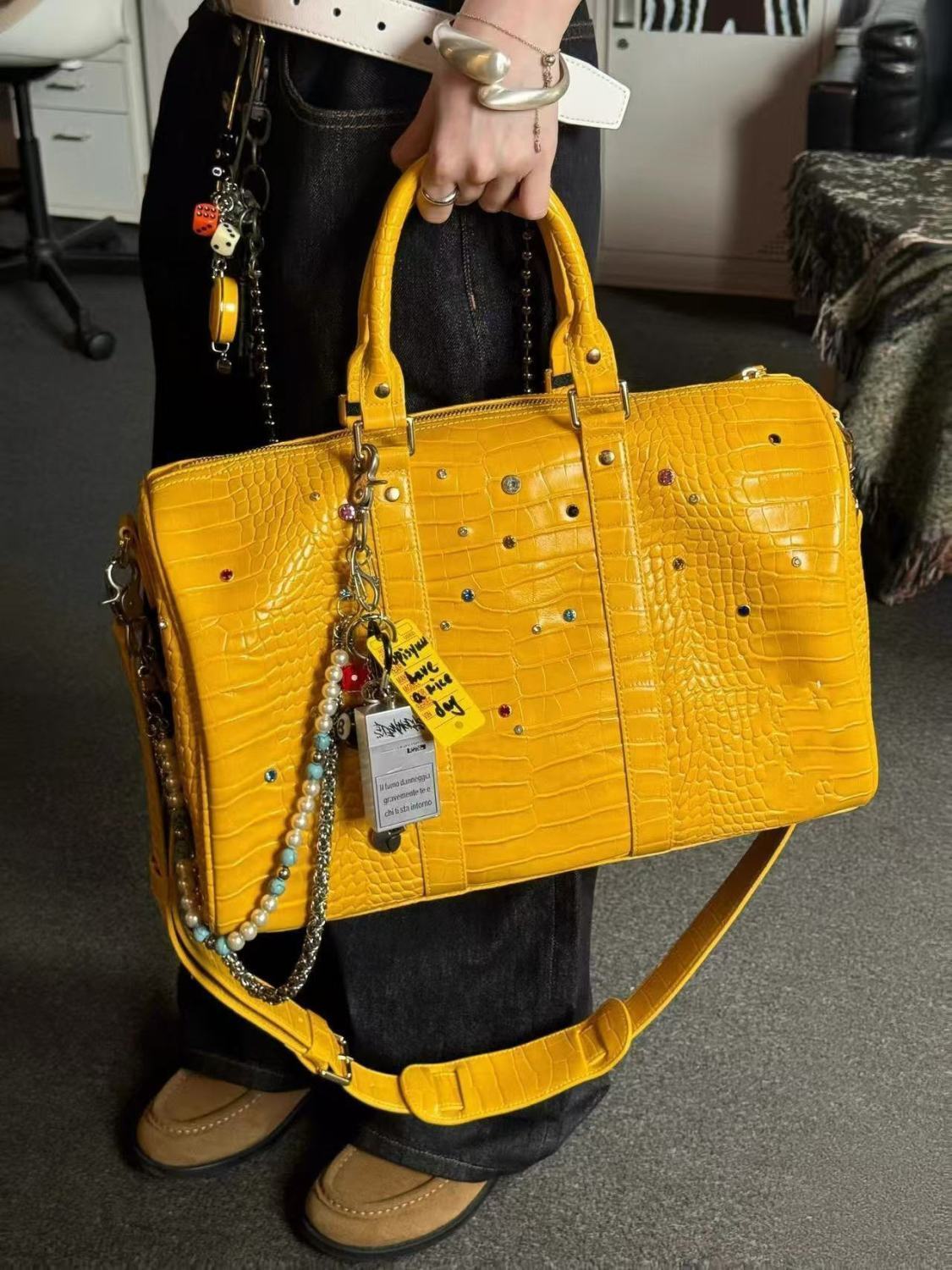 Luxury Bags Louis Vuitton - กระเป๋าโท้ทผู้หญิงลายหนังจระเข้ แฟชั่นวินเทจปี 2025 ประดับเพชร PU ความจุสูง