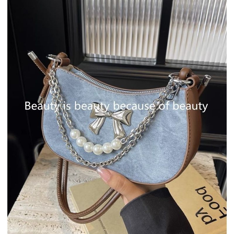 Luxury Bags In China Wholesale - กระเป๋าถือสะพายไหล่ดีไซน์เฉพาะตัว ประดับมุก โบว์น่ารัก น้ำหนักเบา แฟชั่นหรูหรา สายโซ่