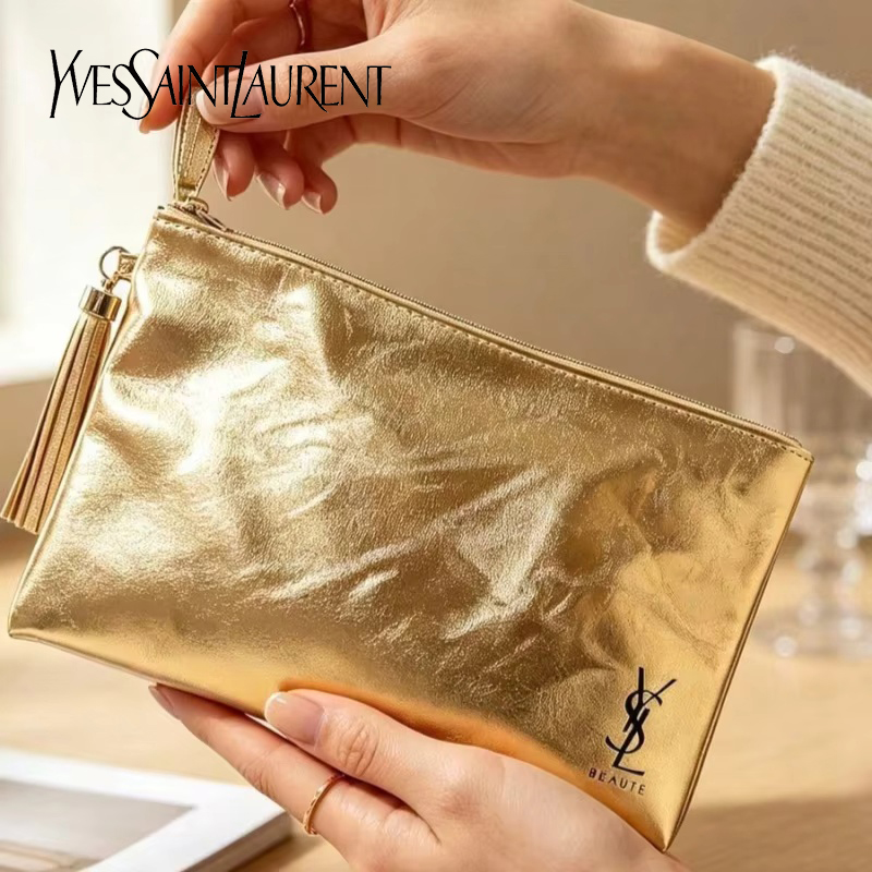 Luxury Bags For Travel - กระเป๋าเครื่องสำอาง YSL สีทอง, กระเป๋าอเนกประสงค์กันน้ำแบบพกพา, สำหรับใช้ในชีวิตประจำวันและการเดินทาง, ของขวัญสุดหรูสำหรับผู้หญิง