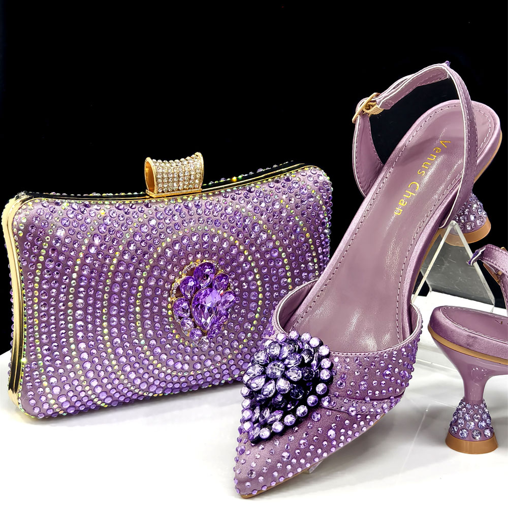 Luxury Bags - ชุดรองเท้าส้นสูงปลายแหลมสีม่วงมันสำปะหลังประดับคริสตัลหรูหราสไตล์อิตาลี Venus Chan 2025 พร้อมกระเป๋าสำหรับผู้หญิง -